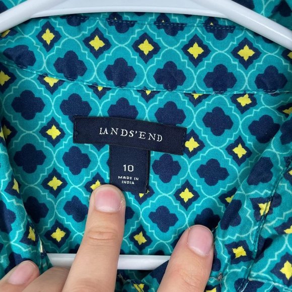 Lands' End Geometric Tile Pattern Button Up Top Workwear Office Blue Teal - Picture 4 of 6